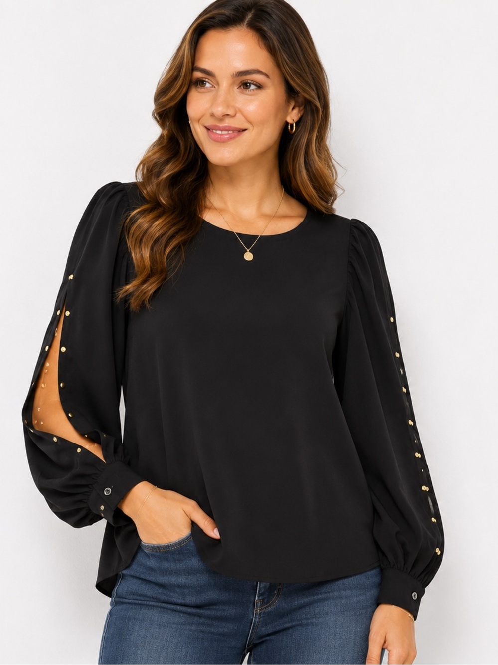 NWT GAP Black Blouse Gold Nailhead Slit Sleeve Top Size Large